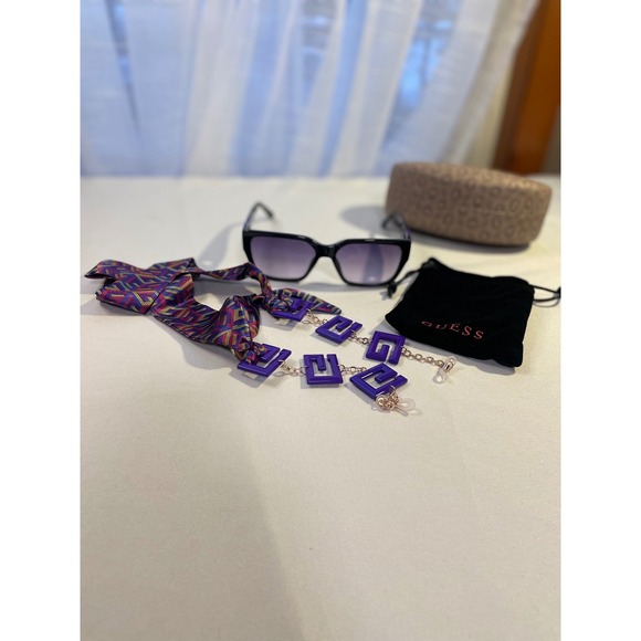 GUESS Black Purple Square Sunglasses with Detachable Scarf Chain Strap and Case - Picture 7 of 9